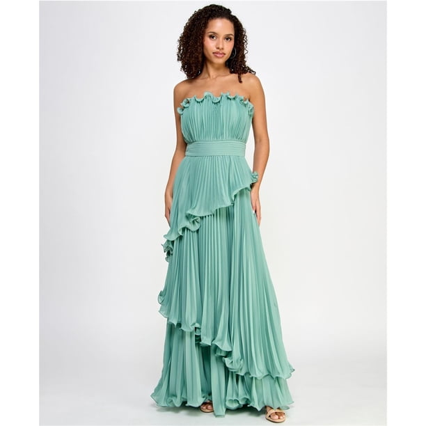 Speechless Womens Solid Tiered Strapless Ruffled Pleated Gown Dress, green, Juniors, 15