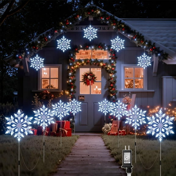 Brightown Snowflake Lights Outdoor, 10 Large Snowflake Christmas Pathway Lights, Christmas Decorations Outside Yard Sidewalk Walkway Driveway Marker Garden Lawn Stakes with LED Lights, White