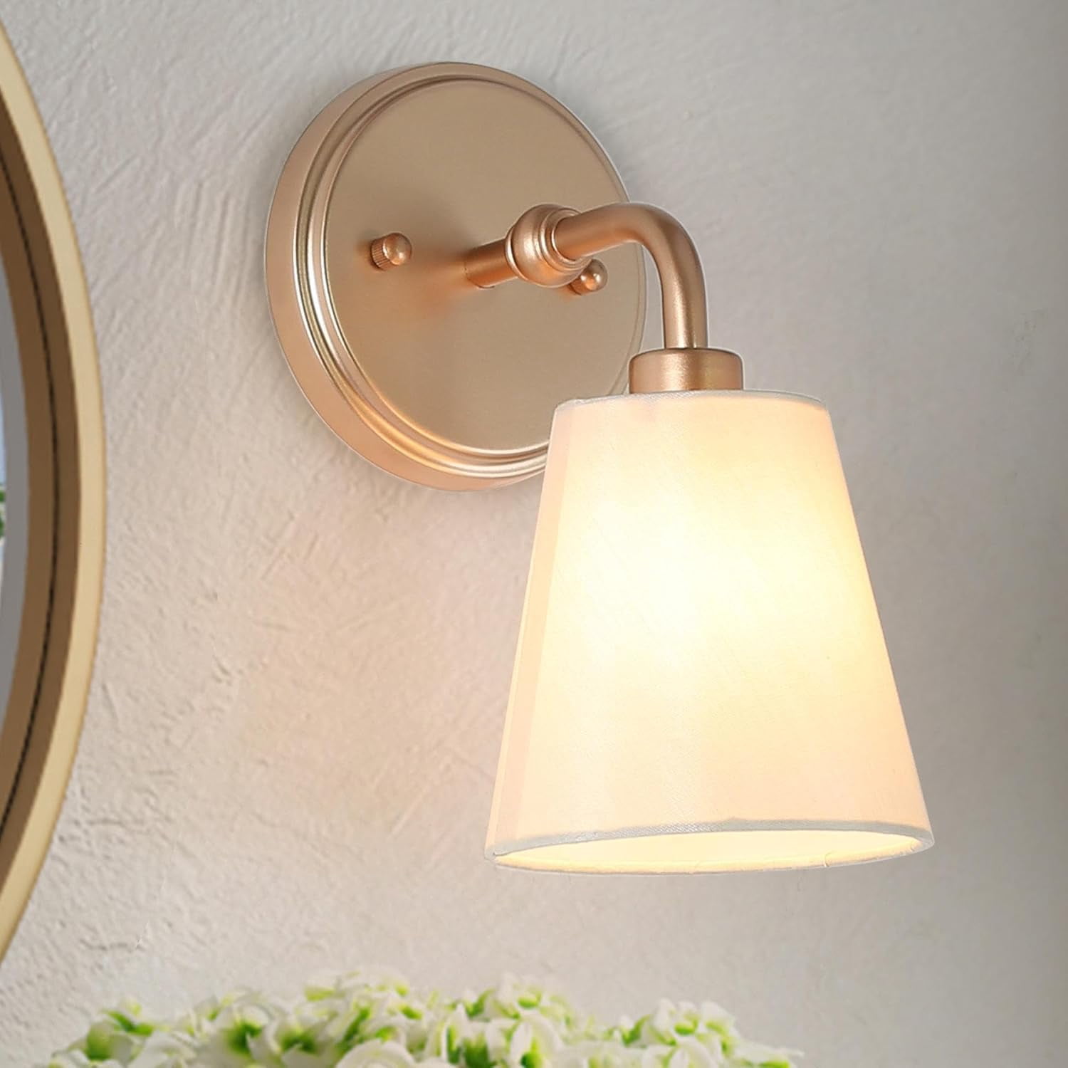 RGHJAR-Gold Wall Sconce, Modern 1-Light Sconces Wall Lighting with Fabric Shade for Bathroom, Bedroom, Kitchen and Living Room
