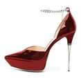 thumbnail image 2 of FSJ Women Stylish Pointed Toe Rhinestone Chain Ankle Strap Sandals Stilettos Platform High Heel Pumps Dress Wedding Shoes Size 16 Red, 2 of 4