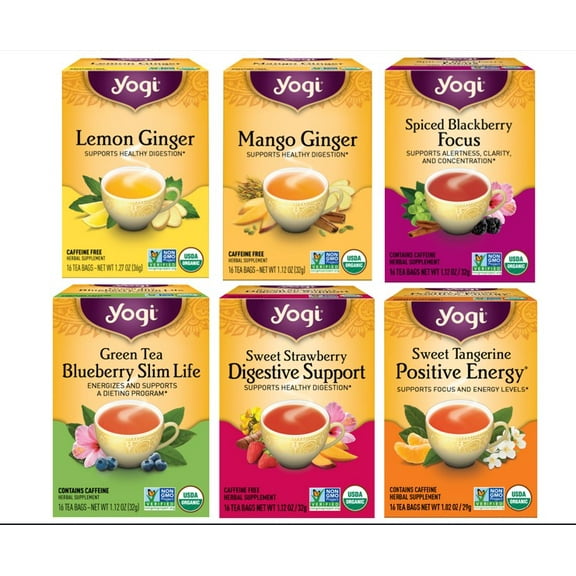 Yogi Tea Fruity Variety Pack Sampler - Herbal, Black & Green Tea Bags - 6 Boxes of 16