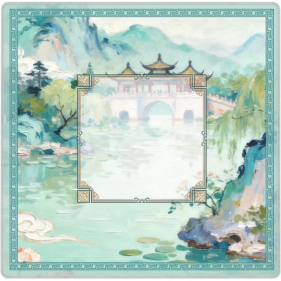 Elegant Chinese Garden Mahjong Mat, Teal Green Chinoiserie Pavilion Lake Non-Slip Noise Reduction Gaming Mat 31.5 x 31.5 Inch for Table American Mahjong Games Card Games Poker Board Dominoes