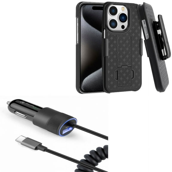 36W Fast Car Charger & Case Belt Clip for iPhone 15 Pro Max - USB-C Power Adapter Coiled Type-C Cable Extra USB Port and Holster Swivel Cover Kickstand B4J for iPhone 15 Pro Max (6.7")