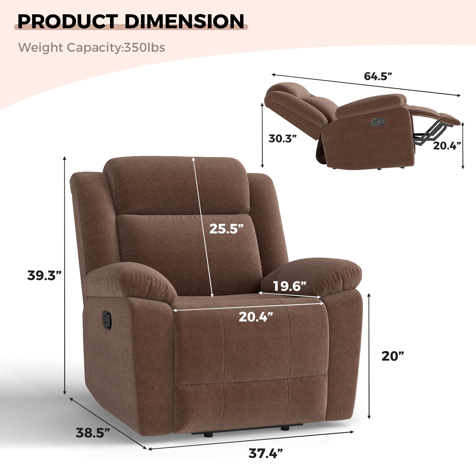 Bonzy Home Extra Wide Manual Recliner Chair in Soft Brown Fabric,Overstuffed Recliner, Brown