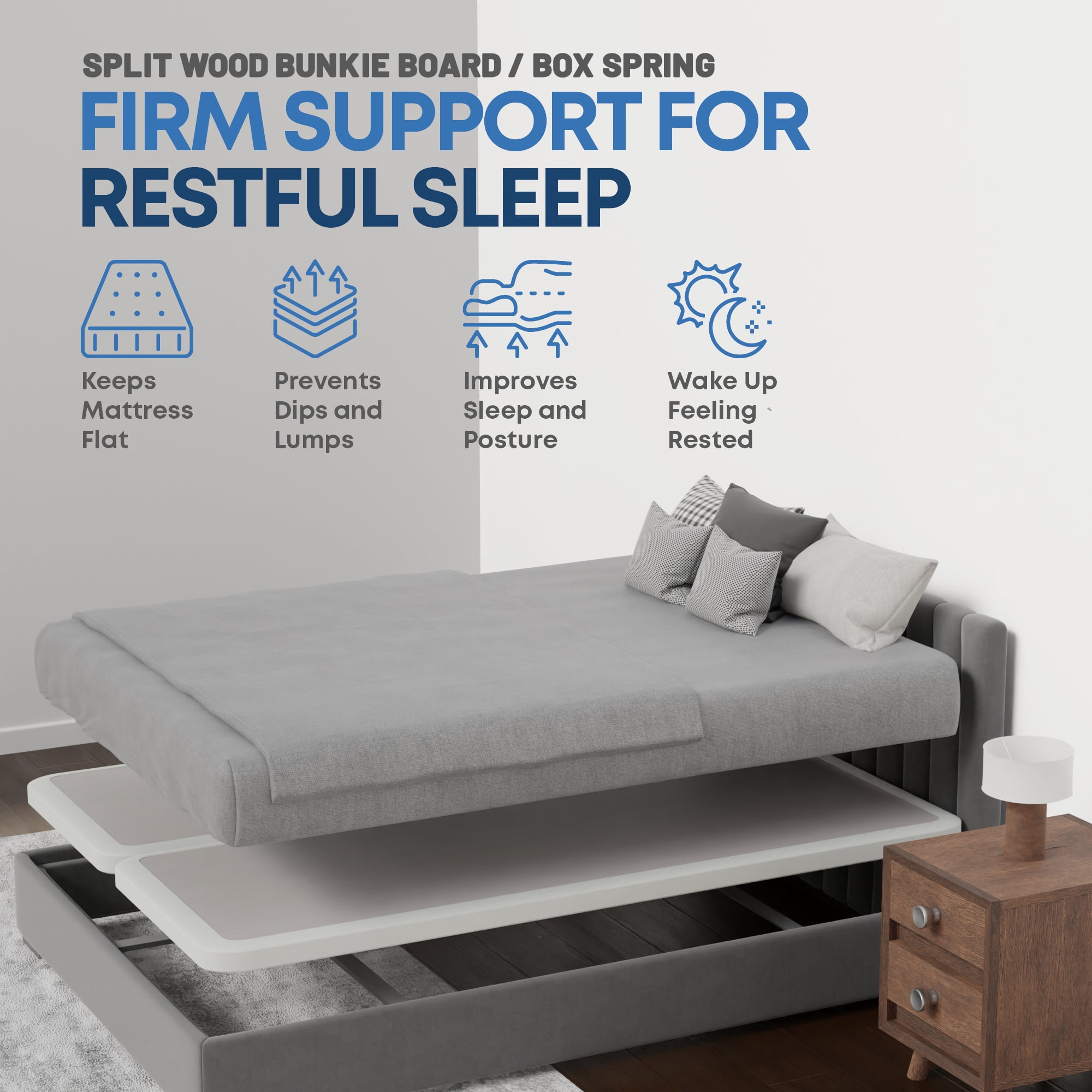 Continental Sleep, Box Spring Bed Base Queen Size, 2-Inch Wood Mattress Foundation, Quiet Noise Free, 2-Pieces Under Mattress Support BoxSpring, Fully Assembled, White