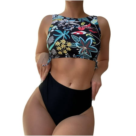 

Women Sexy Bathing Suits 2 Piece Floral Print High Waisted Bikini Set Sporty Tank Top Tankini Swimsuits with Bottom