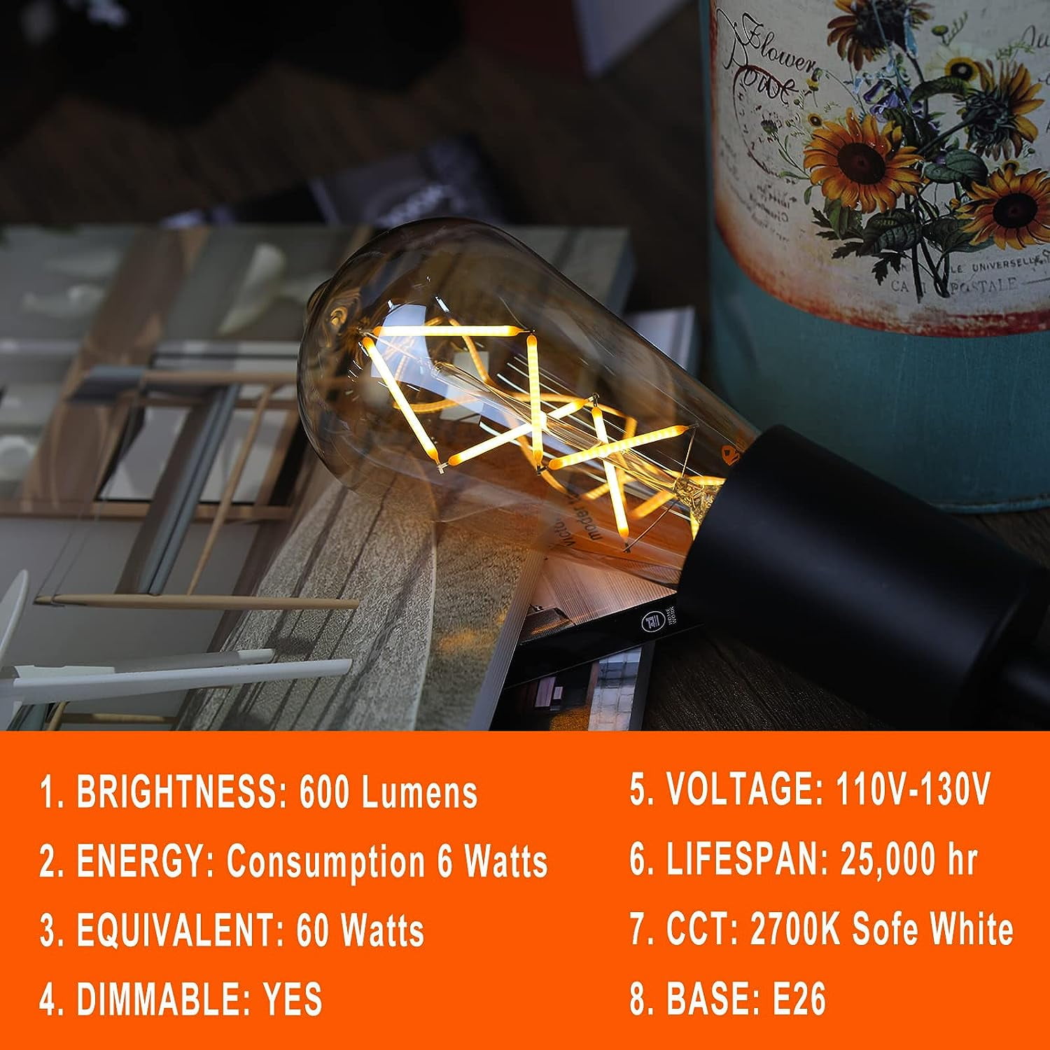 OMED Dimmable LED Vintage Edison Bulbs, ST64 2700K Soft White Fishbone Filament Antique Edison Bulbs Whit E26 Base 60 Watt Equivalent, 6W 600LM Old Fashioned Amber Glass Spiral Light Bulbs 12 Pack