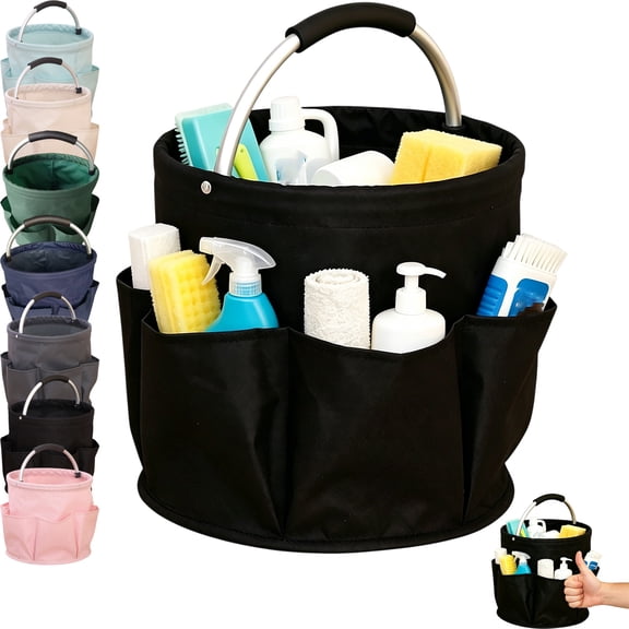 17L Cleaning Caddy Organizer with Handle, Collapsible Cleaning Supplies Storage Bag with 6 Outer Pockets, 600D Oxford Fabric Utility Tote for Home, Garden, Bathroom and Outdoor Use