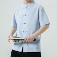 thumbnail image 2 of Camisas De Lino Para Hombre Camiseta de manga corta de algodón con cuello Retro para hombre, ropa Tang, placa con hebilla, camiseta informal de algodón transpirable Hanfu para hombre (Navy, 5XL), 2 of 6