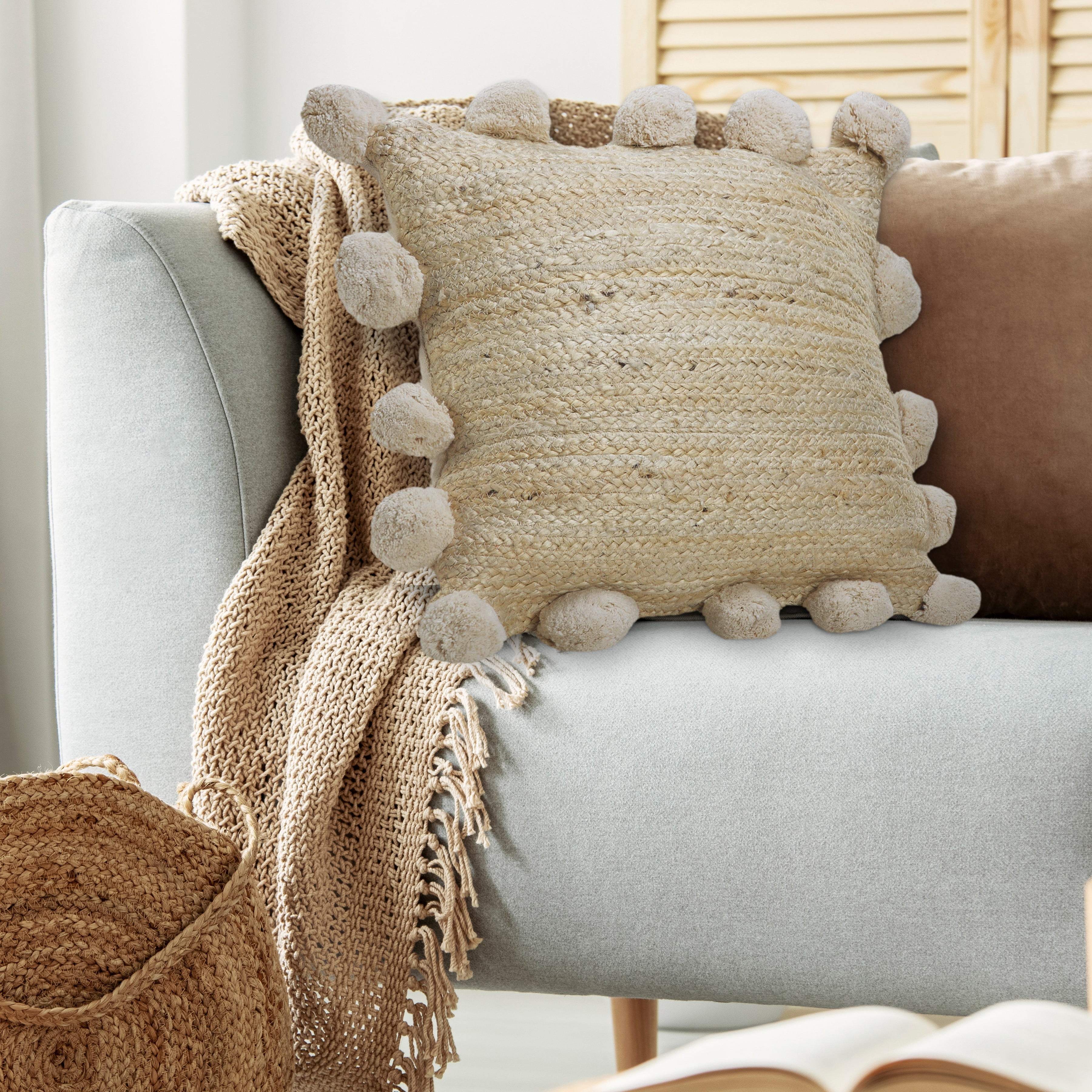 Ox Bay Quade 20" x 20" Natural Solid Jute Pom Pom Bordered Adult Decorative Throw Pillow