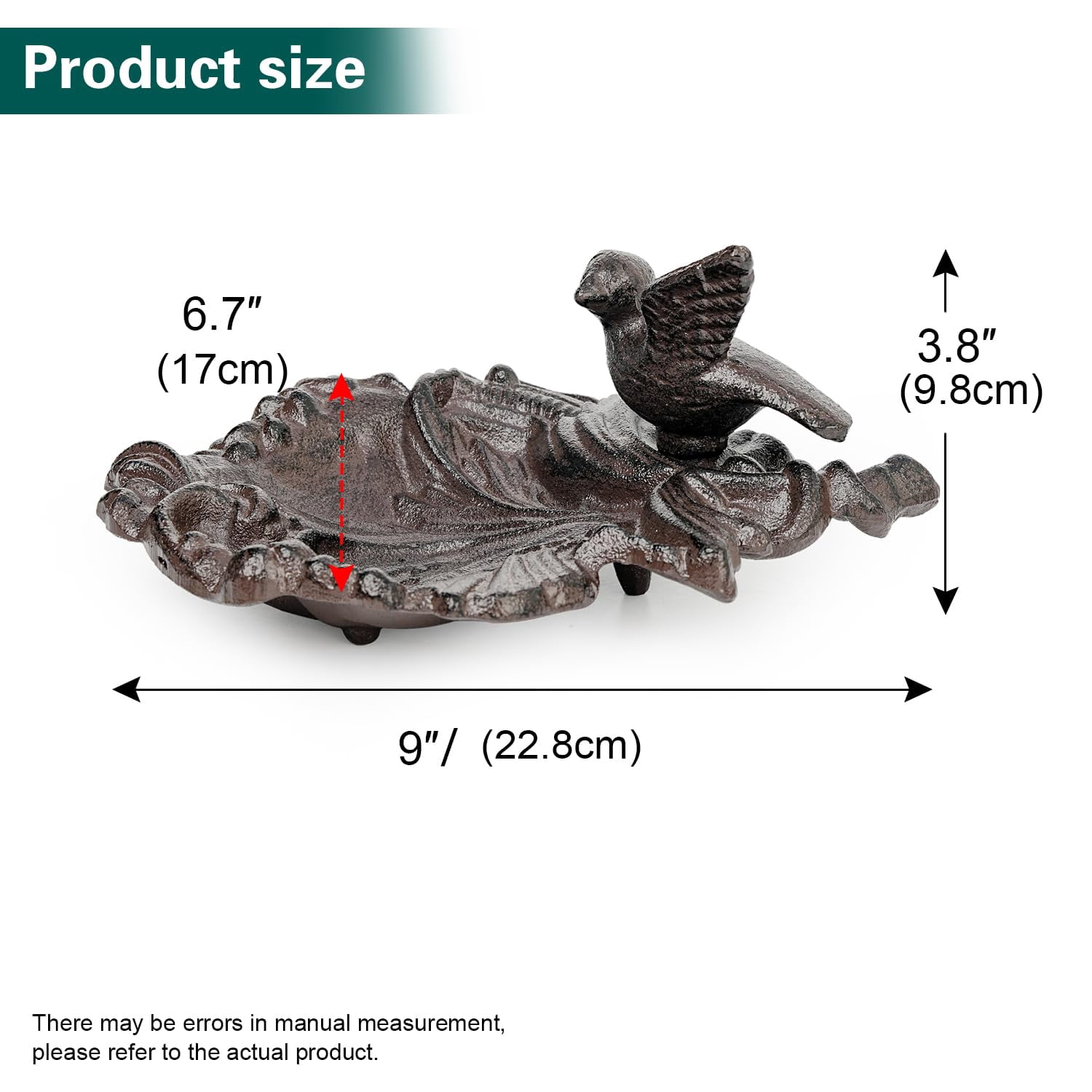 Sungmor Cast Iron Bird Feeder Dish, Rustic Brown Small Bird Feeding Tray, Decorative Leaf-Shaped Outdoor Bath Bowl Food Container for Garden, Patio or Yard