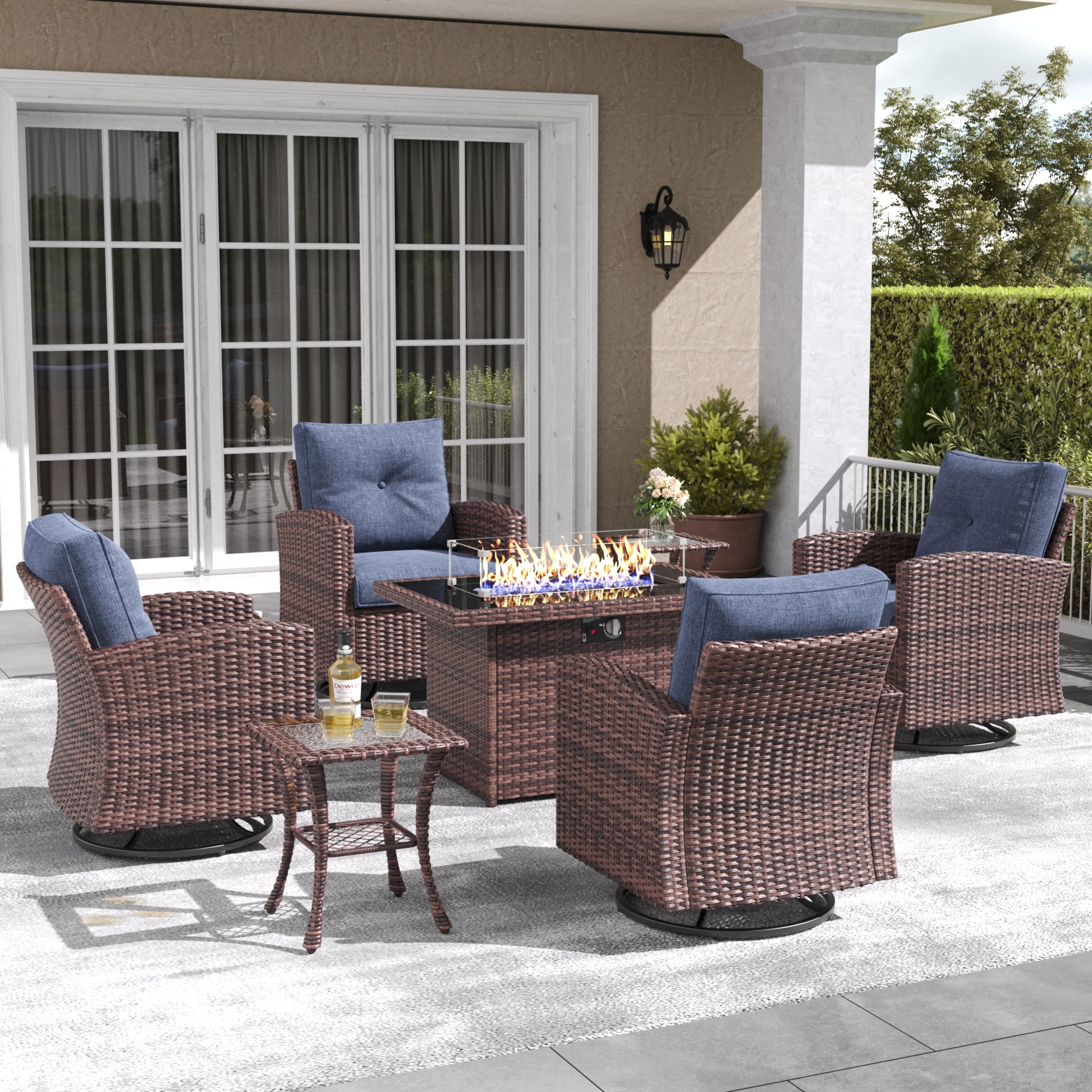 Layinsun 7 Pieces Patio Furniture Set with Swivel Chairs, Rattan Wicker Rocking Glide Chairs with 44" Propane Gas Fire Pit Table Conversation Set