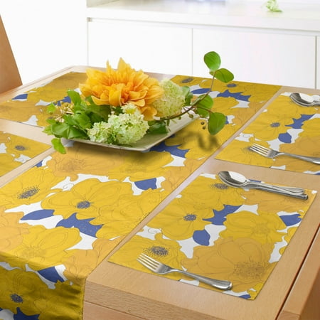 

Floral Table Runner & Placemats Hand Drawn Flowers Nature Illustration Abstract Foliage in Blue Shades Set for Dining Table Placemat 4 pcs + Runner 16 x90 Blue Orange and Yellow by Ambesonne