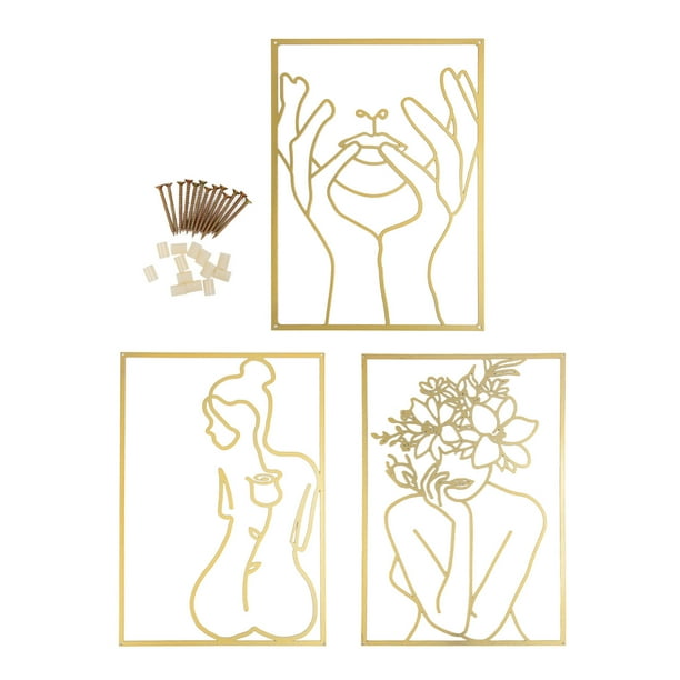 Decoración de pared de arte de una sola línea, dibujo minimalista de líneas femeninas de hierro, decoración de pared para dormitorio, cocina, baño, sala de estar, dorado, 3 piezas
