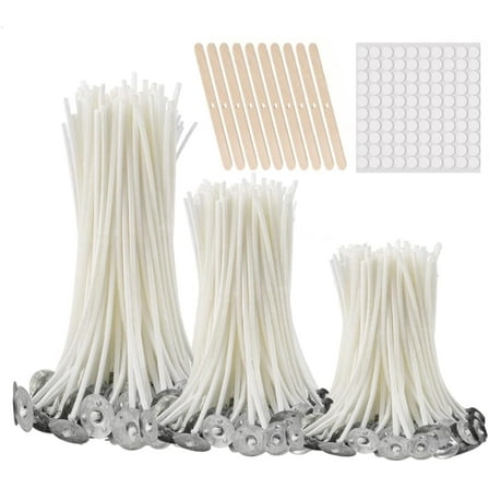 ZHUYING Candle Wicks 50Pcs 3.5 inch ,50Pcs 6 inch ,50Pcs 8 inch with 30Pcs Candle Wick Stickers and 10 Pcs Wooden Candle Wick Centering Device for Soy Beeswax Candle Making and Candle DIY