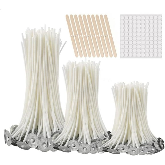 ZHUYING Candle Wicks 50Pcs 3.5 inch ,50Pcs 6 inch ,50Pcs 8 inch with 30Pcs Candle Wick Stickers and 10 Pcs Wooden Candle Wick Centering Device for Soy Beeswax Candle Making and Candle DIY