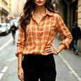 thumbnail image 6 of FDGIU Women's Plaid Button Down Shirt, Lapel Long Sleeve Loose Fit Collared Blouse Casual Tops for Office Daily Travel Outfits, 6 of 7