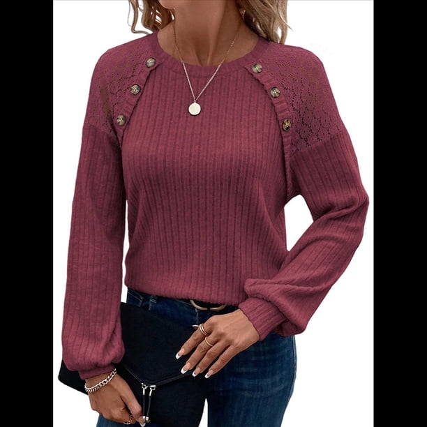 Blusas Tipo Túnica para Mujer, Cuello Redondo, Elegantes, con Encaje y Retazos, Blusas Informales, Suéteres. Vino Tinto XL