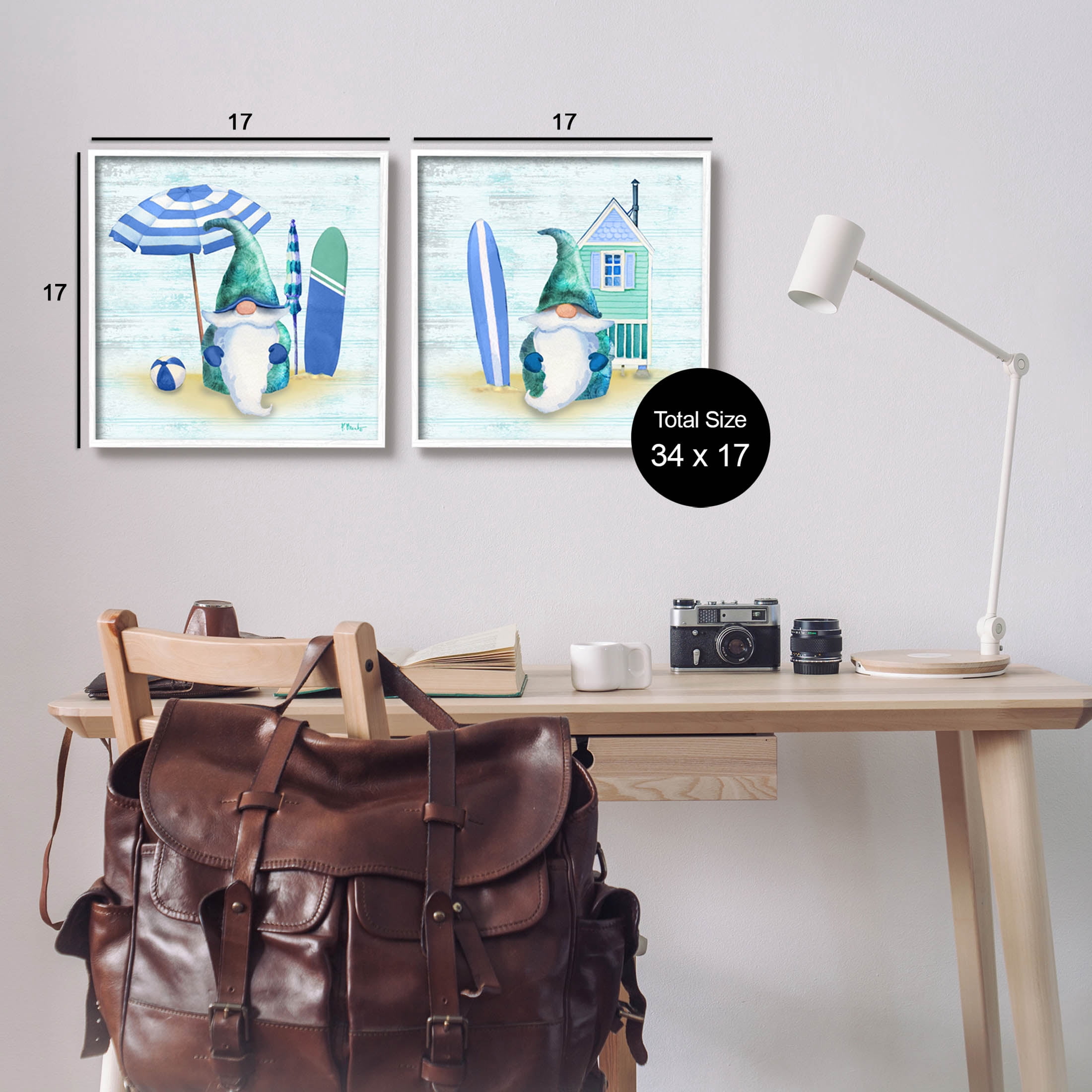 Nautical Gnomes Beach Surfboards Fairy Tales & Fantasy Graphic Art White Framed Art Print Wall Art, Set of 2
