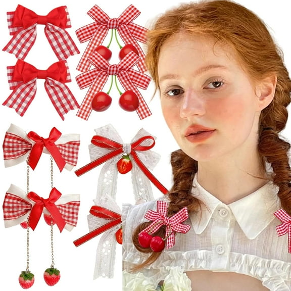 Dalrosia 8PCS Cherry Strawberry Bow Hair Clips Cute Red White Bow Alligator Hair Clips Lace Gingham Hairpin Bows Fruit Hair Barrettes Hair Accessories for Women Girls Christmas Party