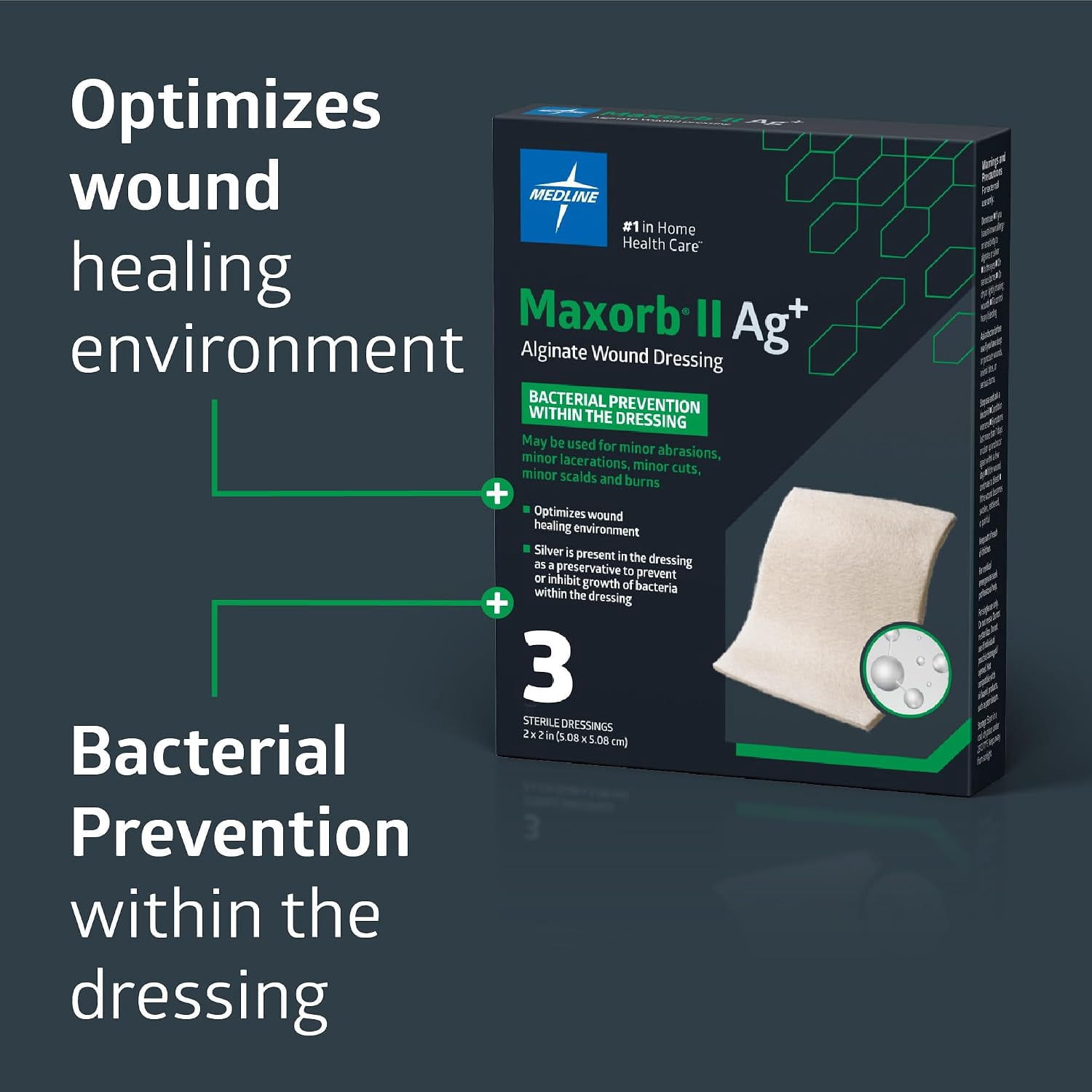 (4 pack) Medline Maxorb II Antibacterial Silver Alginate Wound Dressing, 2 in x 2 in, 3 Count