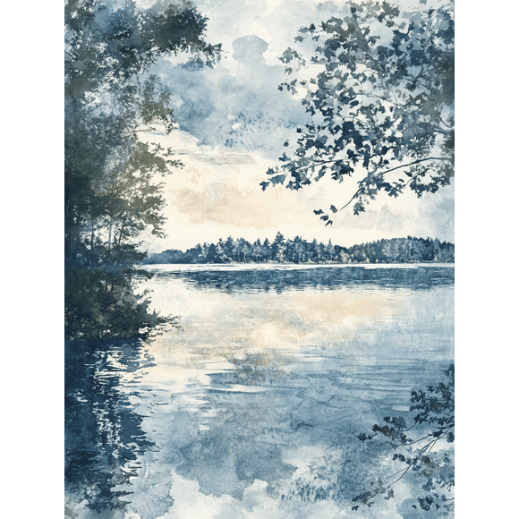 Serene Lake Watercolor Canvas Print, Suitable for Living Room, Bedroom, Bathroom, Office, and Hotel Decoration.