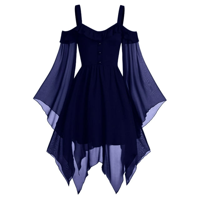 Robe Patchwork en Chiffon pour Femmes Style Rétro Couleur Unie Manches Trompette Longue Robe de Jeu de Rôle Longueur Vintage Médiévale Robe Gothic pour Femmes (Taille : 3TG)
