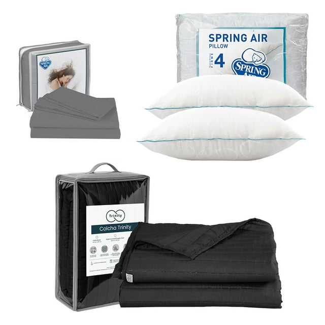 Colcha Matrimonial Acabado Ultrasónico Trinity Negro + Juego de Sábanas Gris + 2 Almohadas Osos