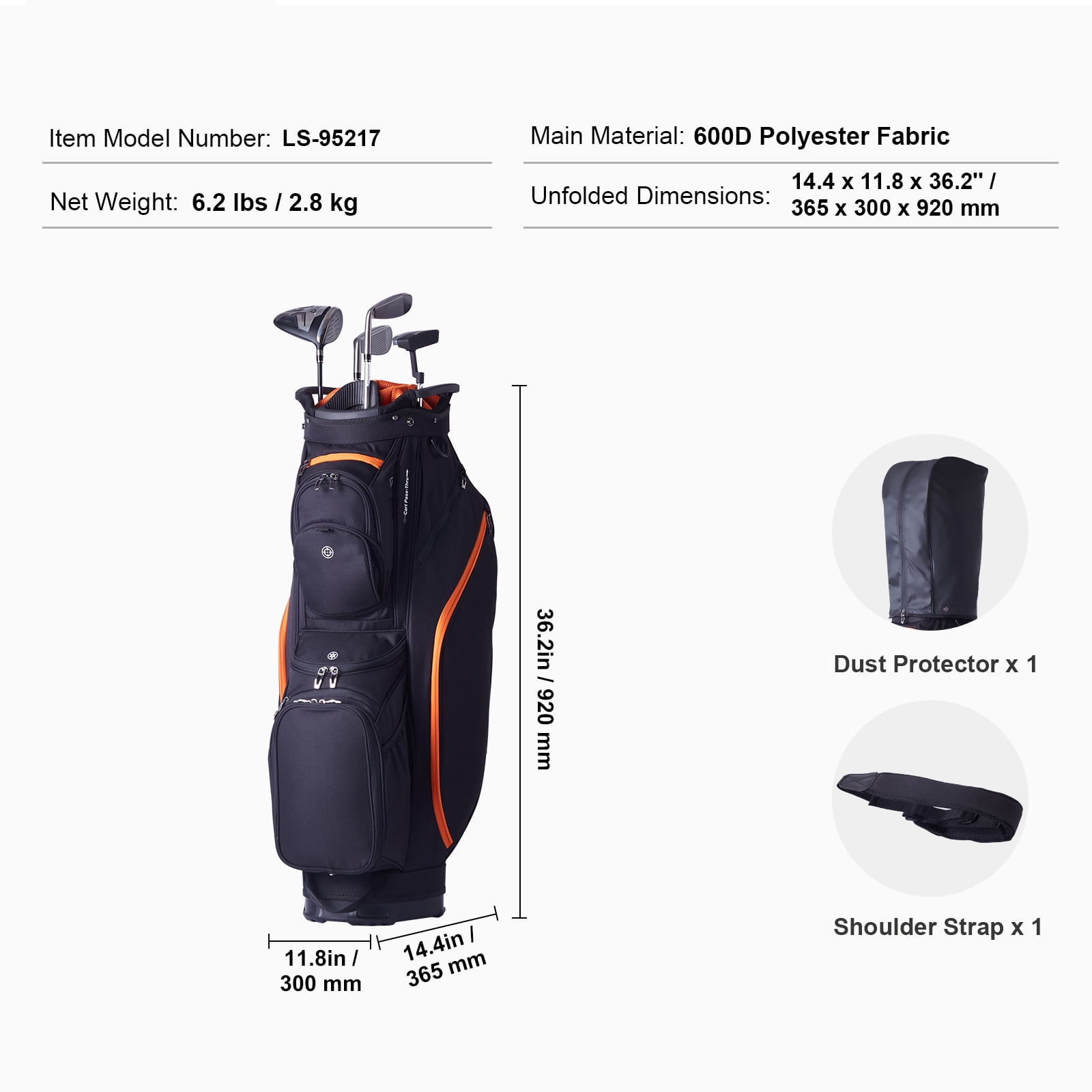 KFFKFF Golf Equipment Bag, 14 Compartments, 36” with 13 Storage Spaces, Robust Golf Gear Bag, Includes Handles, Dust Protector & Removable Straps, Suitable for Both Genders, Black & Orange