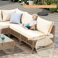 thumbnail image 6 of Ainfox 7-Piece Wicker Patio Furniture Set, 1000h UV-Resistant Rattan Sectional with 3.35" Thick Cushion & Tempered Glass Coffee Table, Beige for Porch/Backyard, 6 of 7