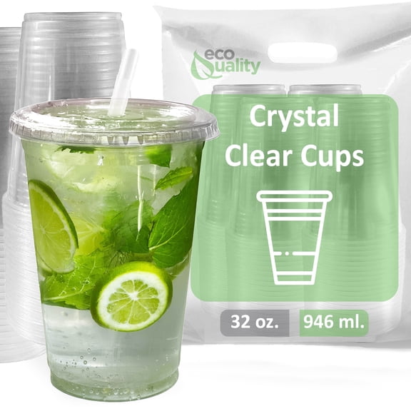 EcoQuality 32 oz Clear PET Plastic Cups, Disposable Drink Cups With Lids And Straws, 25 Pack