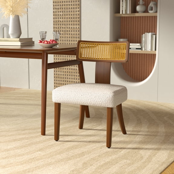 GOMYHOME Mid-Century Modern Dining Chairs Set of 2, Walnut Frame & Rattan Back, Beige Cushion