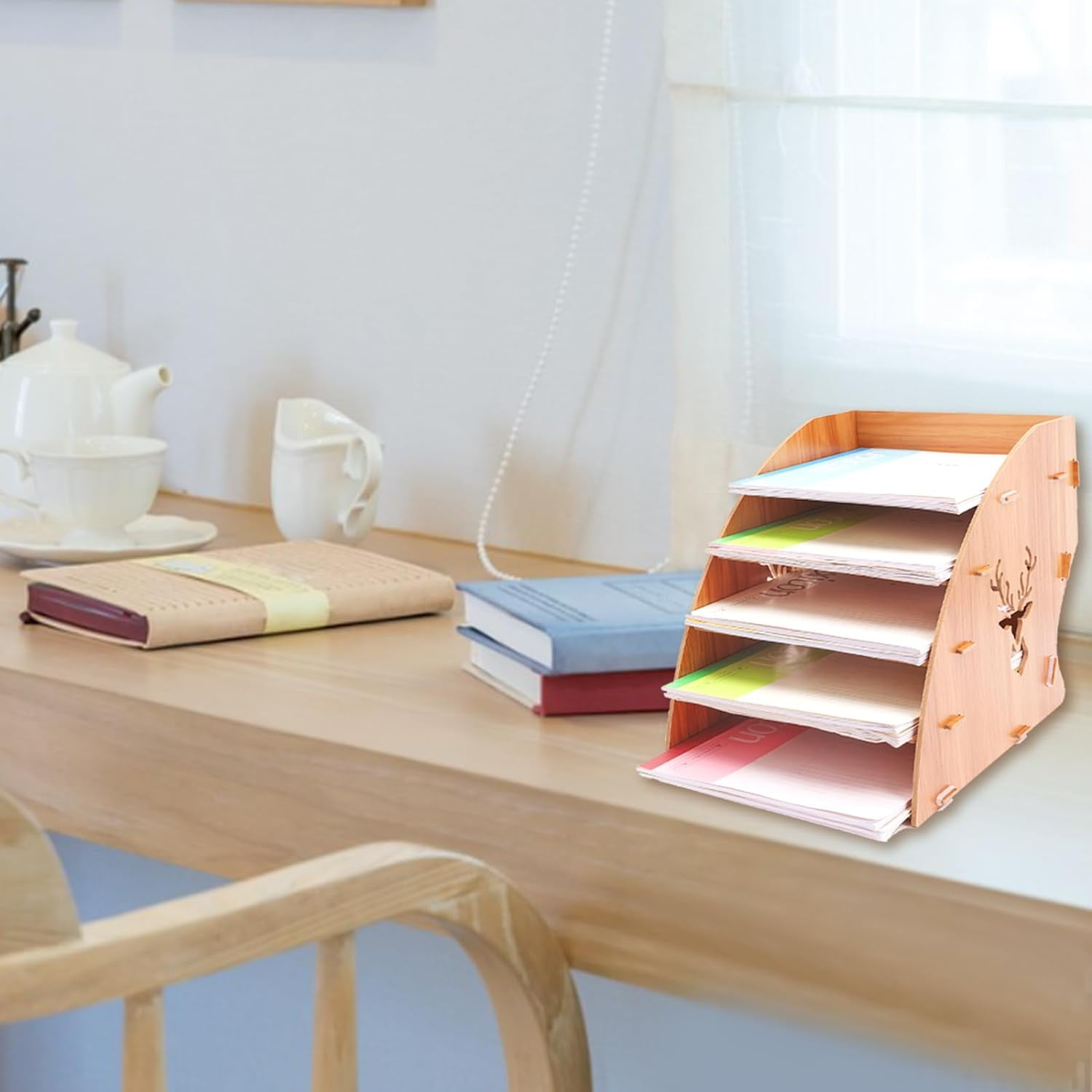 5 Slots Wooden Invoice Bill Storage Rack Desktop Paper Organizer File Holder Document Letter Sorter Tray Mail Rack for Home Office Peru
