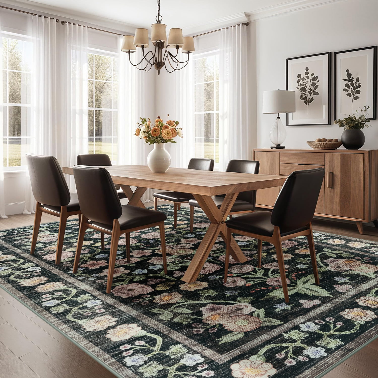 Wondo Washable Area Rug 6x9 - Traditional Floral Living Room Rug Stain Resistant Soft Bedroom Rug, For Under Table Living Room Indoor Rug, Black