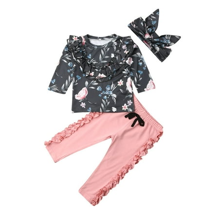 

3PCs Newborn Baby Girls Ruffles Floral Long Sleeve Tops Trousers Headband Sets
