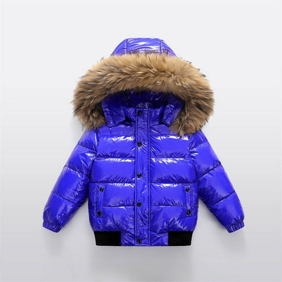 Children's Winter Quilted Thicken Jackets Windproof Warm Fuzzy Hooded Short Parkas Kids Padded Outwear Blue 11-12Y