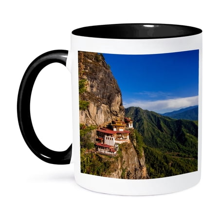 3dRose, Tigers Nest, Goempa monastery hanging in the cliffs, Bhutan, 11oz Two-Tone Black Mug