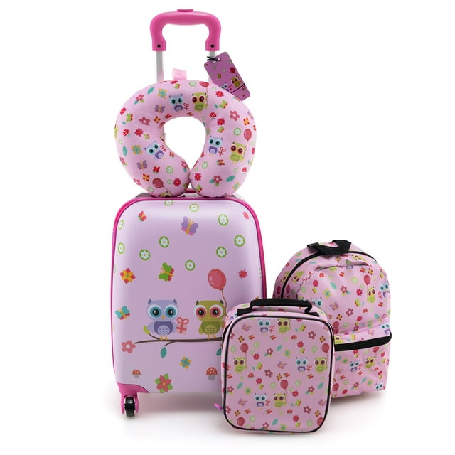 Costway 5 PCS Kids Luggage Set with Backpack Neck Pillow Luggage Tag Lunch Bag Wheels Light Pink