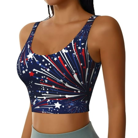 Haiem Red White Blue Fireworks 1 Pattern Womens Sports Bra - U Neck Padded Low Impact Yoga Bra Workout Crop Top Gym Moisture-Wicking Workout Vest -X-Large