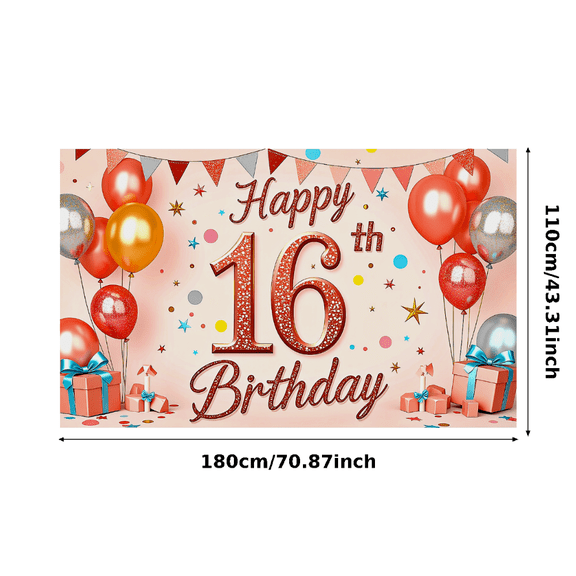 Glittery 16th Birthday Backdrop Banner with Balloons Stars and Gifts Party Supplies Birthday Decoration Photography Props Party Decor Background
