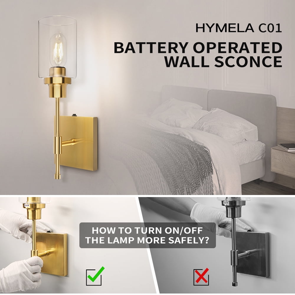 HYMELA Battery Operated Wall Sconce 1 Light Fixtures Matte Gold with Clear Glass Shade Wall Lamp for Bathroom Hallway Kitchen Mirror,Bulb Included