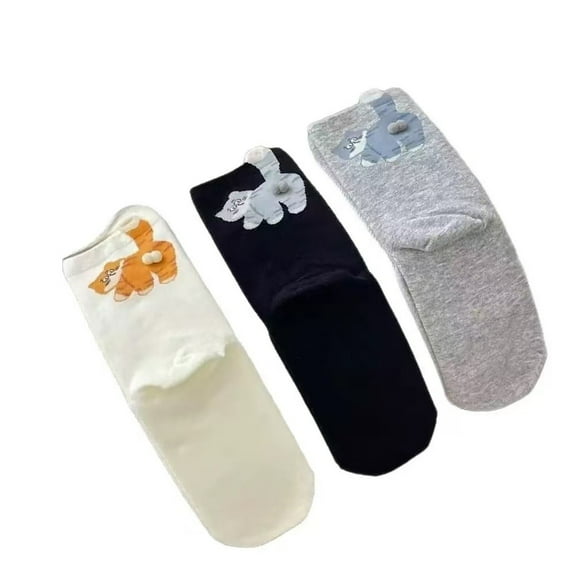 Cute Cat Socks With Balls,Funny 3d Jingle Balls Kitty Socks, 3d Cute Novelty Funny Animal Sock With Pompoms, (3pcs/black white gray)