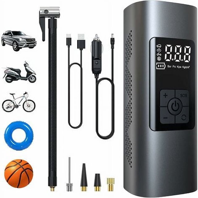 Mini bomba de aire eléctrica, compresor de aire portátil, inflador de neumáticos inalámbrico de 150 PSI con pantalla LCD digital, bomba de bicicleta eléctrica con lámpara LED para