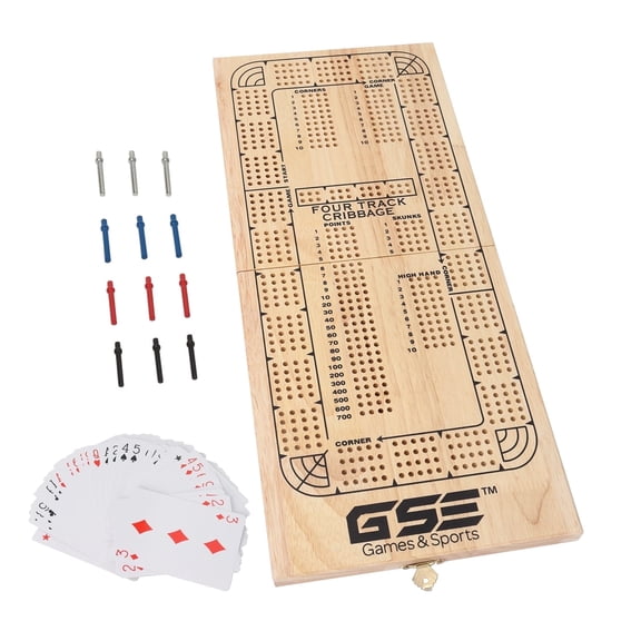 GSE Games & Sports Expert 4-Track Wooden Folding Cribbage Board Game Set. Portable Continuous Cribbage Board with Metal Pegs, Playing Card and Storage Area for Friends and Family Play