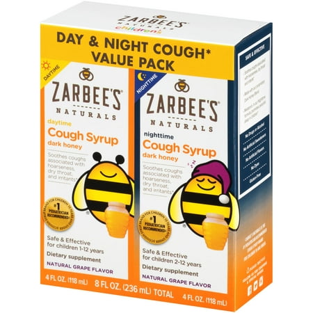 Zarbee's Naturals Children's Cough Syrup with Dark Honey Daytime & Nighttime, Natural Grape Flavor, 8 Fl. Ounces Total (Value Pack of