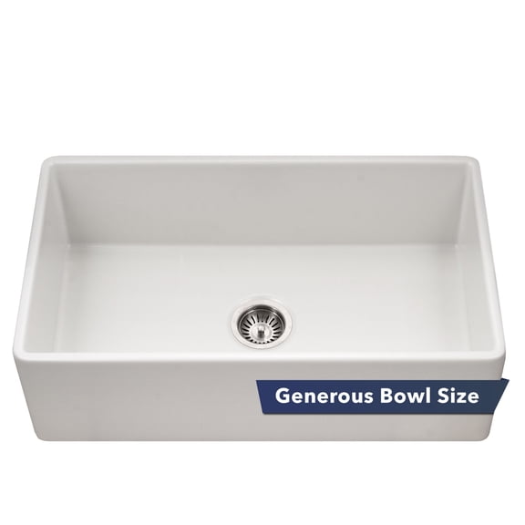 Houzer Platus 33 inch White Fireclay Apron Front Farmhouse Single Bowl Kitchen Sink - PTG-4318 WH-C with Basket Strainer and Basin Grid Included
