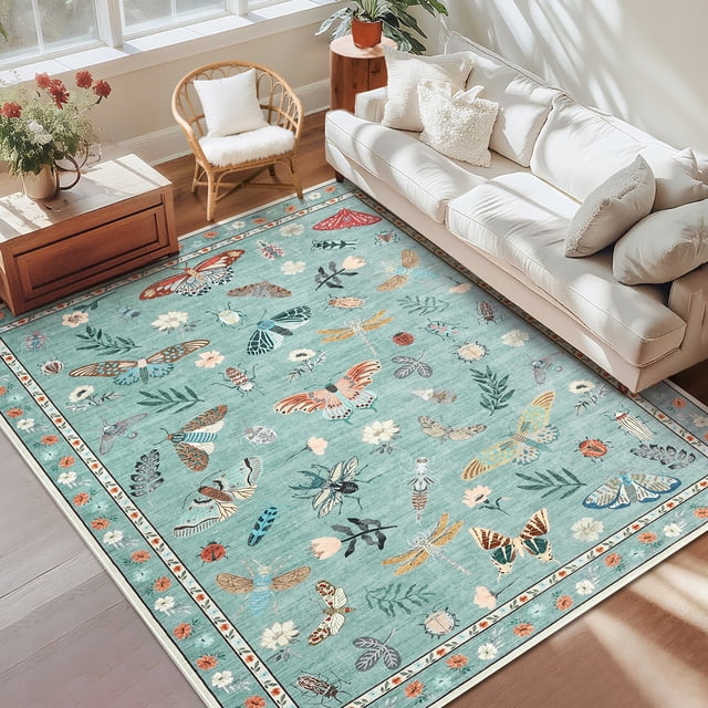 GlowSol 10x13 Charming Botanical Butterfly & Insect Washable Area Rug, Non-Slip Low-Pile Stain Resistant Floor Carpet for Living Room Bedroom Nursery Home Decor, Green