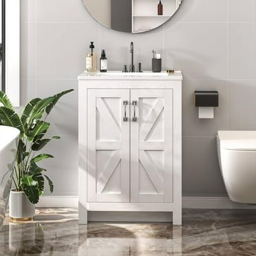 Bathroom Vanity with Ceramic Sink, 24 Inch Bathroom Vanities with 2 Soft-Close Door & Metal Handle, Modern Single Sink Vanity with Adjustable Shelf, Thickened Wood Storage Cabinet
