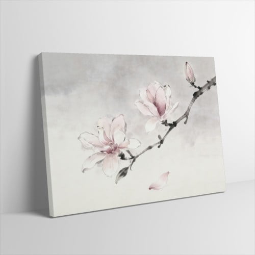 Hidden Frame Canvas Wall Art - Ink Style Magnolia Branch New Chinese Style Popular Wall Decor for Living Room & Entryway 16x12in