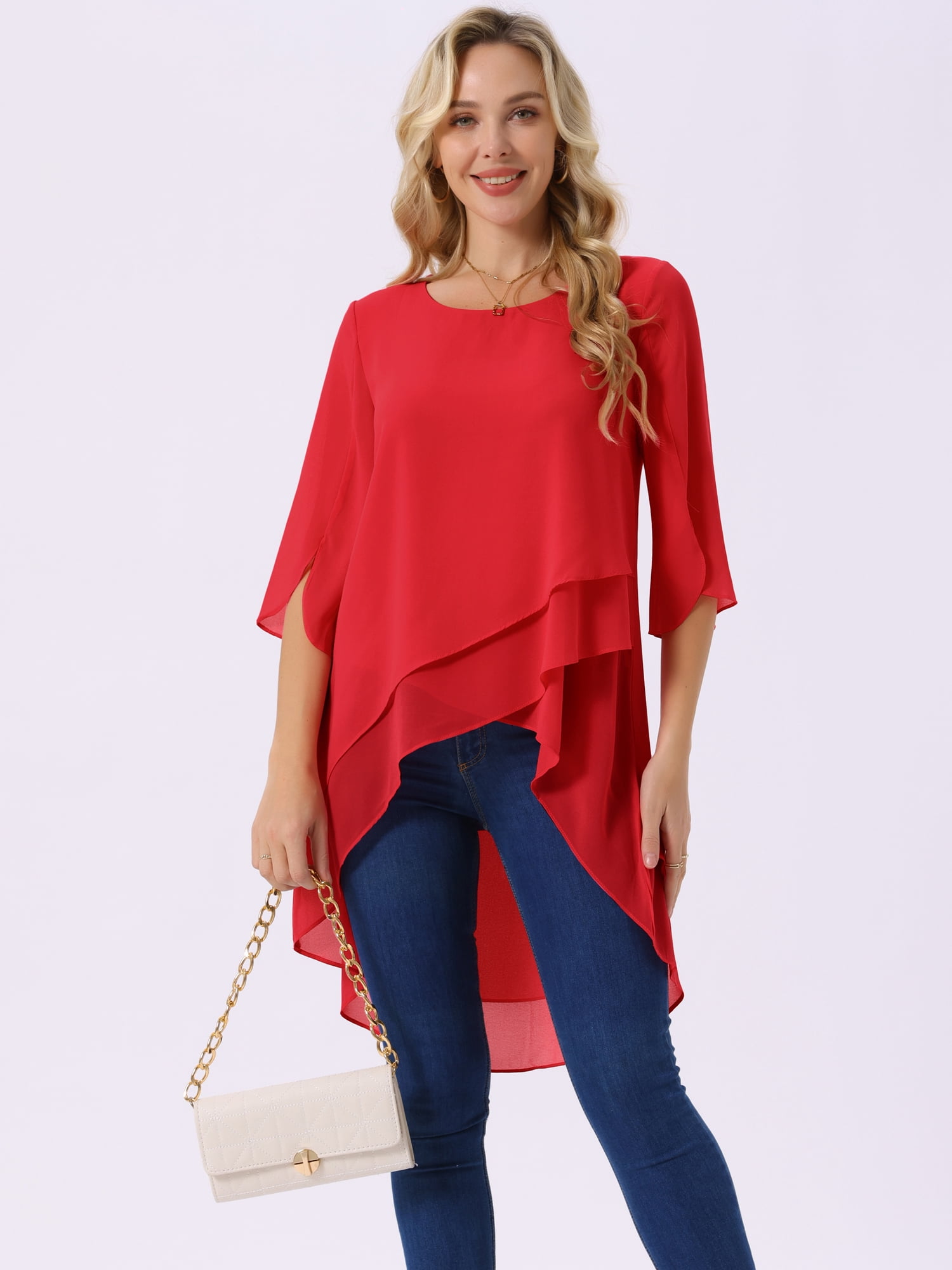 DARING DIVA Women's 3/4 Sleeve High Low Hem Scoop Neck Chiffon Blouses XL Red